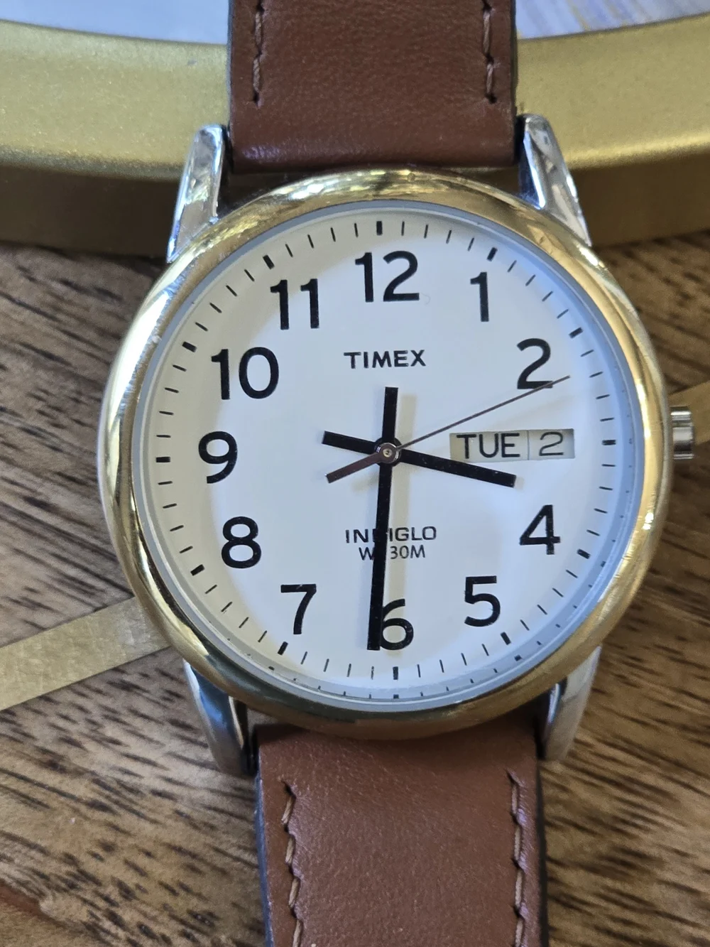Timex White Dial Brown Leather Strap Day-Date Watch